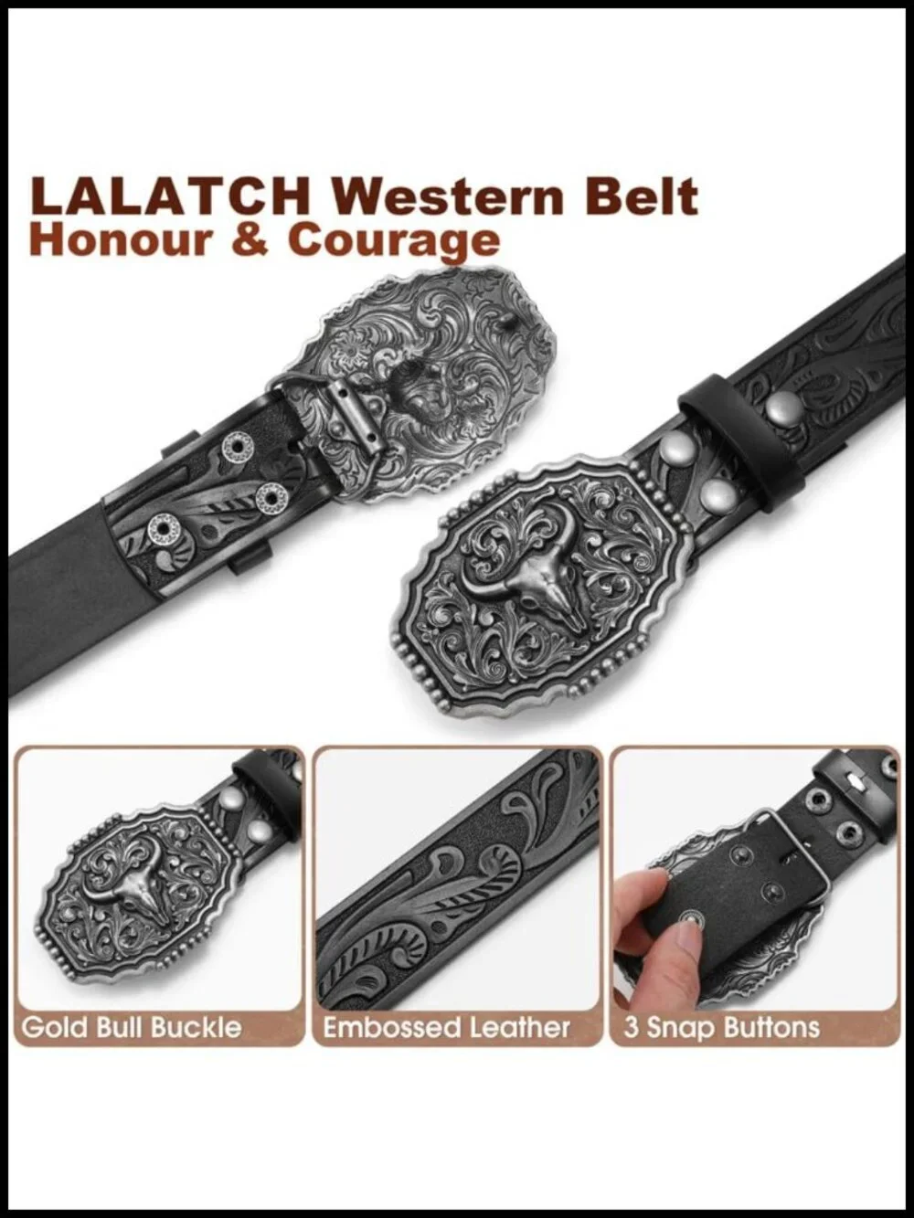 Leather Cowboy Belt for Men Women with Bull Buckle Western Rodeo Style